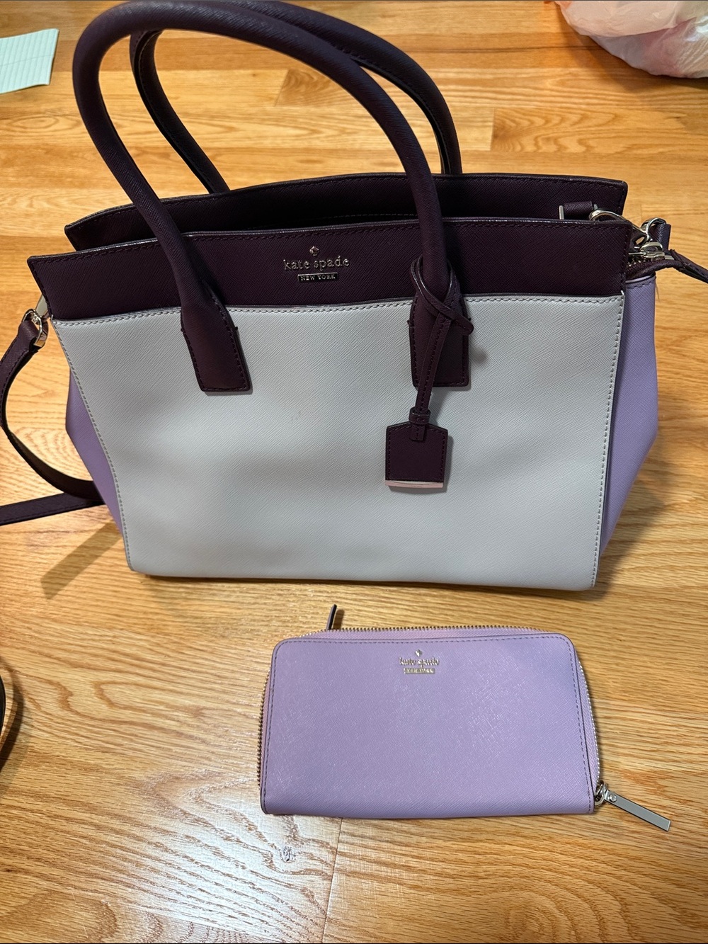 kate spade Colorblock Satchel and Zip Wallet in Plum, Lilac and Cream